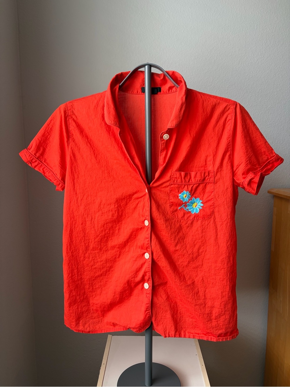 J. Crew Red Short-Sleeve Button-Down Top with Embroidered Pocket